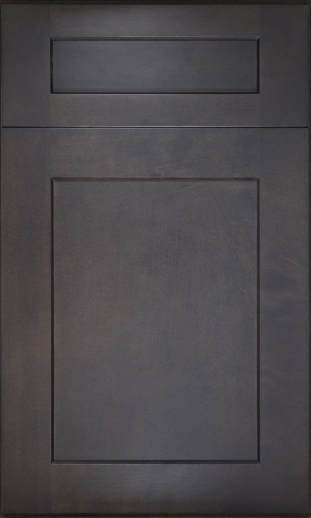 A close up of a black cabinet door on a white background.