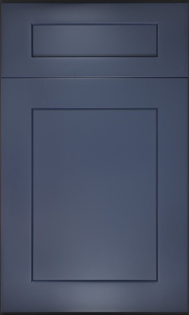 A close up of a blue cabinet door on a black background.
