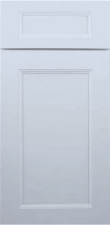 A close up of a white cabinet door on a white background.
