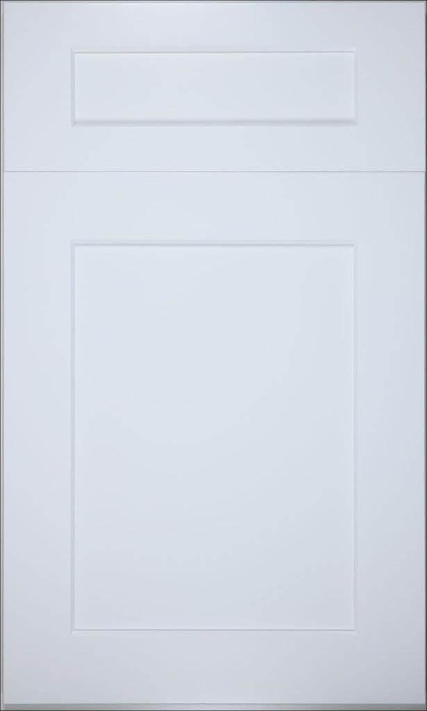 A close up of a white cabinet door on a white background.