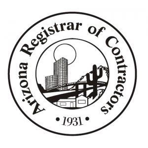 A black and white logo for the arizona registrar of contractors.