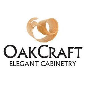 The logo for oakcraft elegant cabinetry has a picture of wood shavings on it.