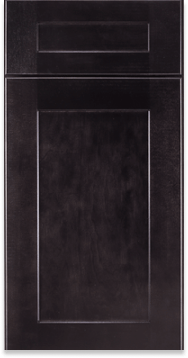 A close up of a black cabinet door on a white background.