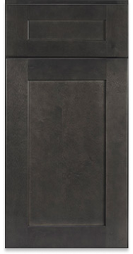 A close up of a black cabinet door on a white background.