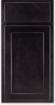 A close up of a black cabinet door on a white background.