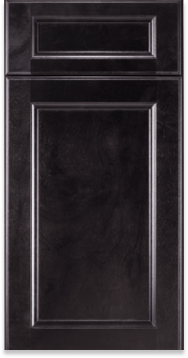 A close up of a black cabinet door on a white background.