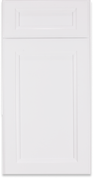 A close up of a white cabinet door on a white background.
