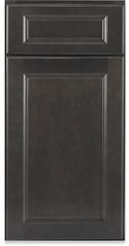 A close up of a black cabinet door on a white background.