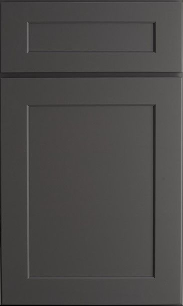 A close up of a gray cabinet door on a white background.