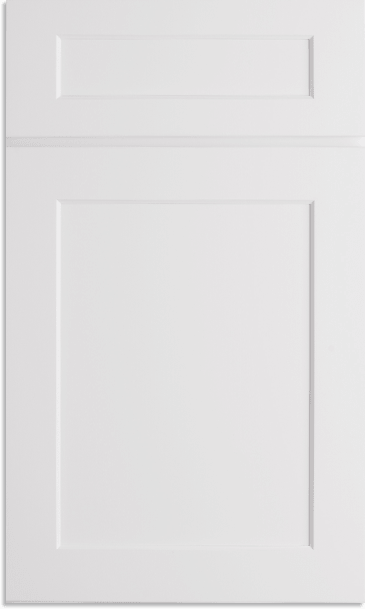 A close up of a white cabinet door on a white background.