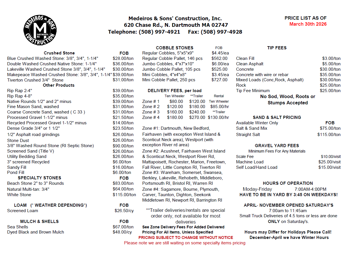 A price list from Madeira & Sons Construction, Inc. detailing various landscaping services, materials, and disposal fees.
