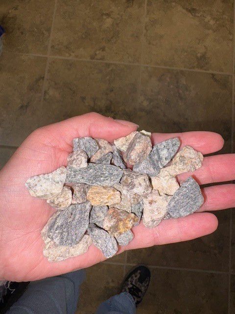 Handful of small, mixed-color rocks on an open palm against a brown-tiled floor.
