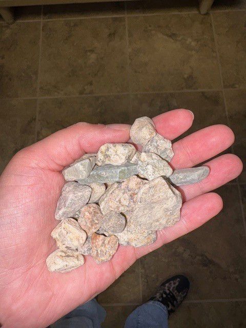 Hand holding a pile of light-colored rocks; brown tiled floor visible.