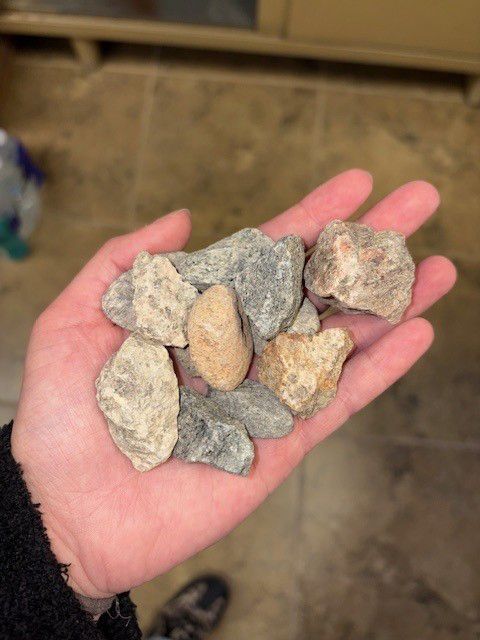 Hand holding a pile of gray and tan rocks.