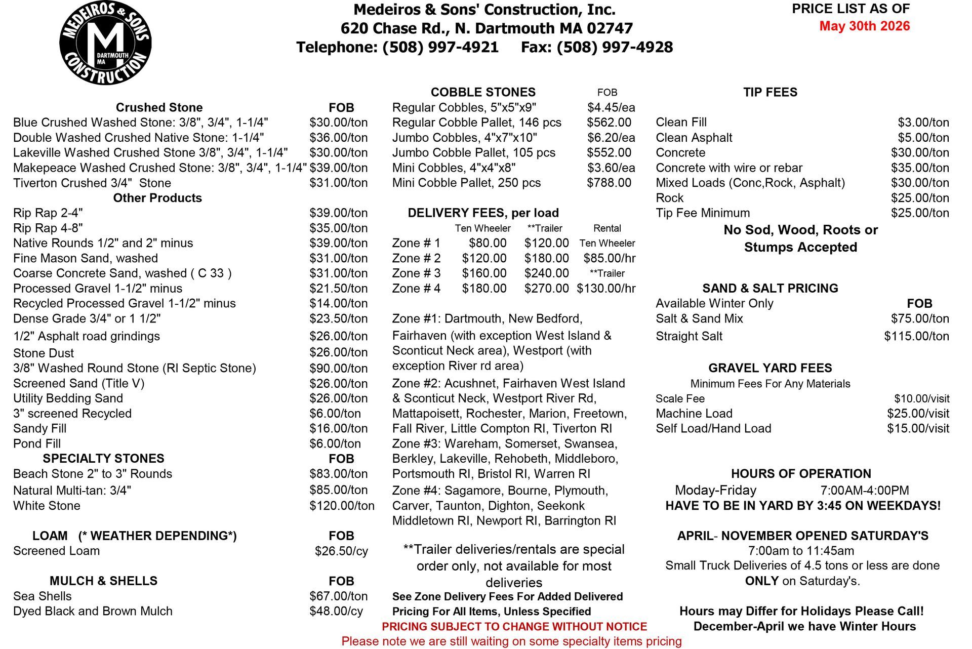 Medeiros & Sons Construction Inc - Price lists May 30th 2026