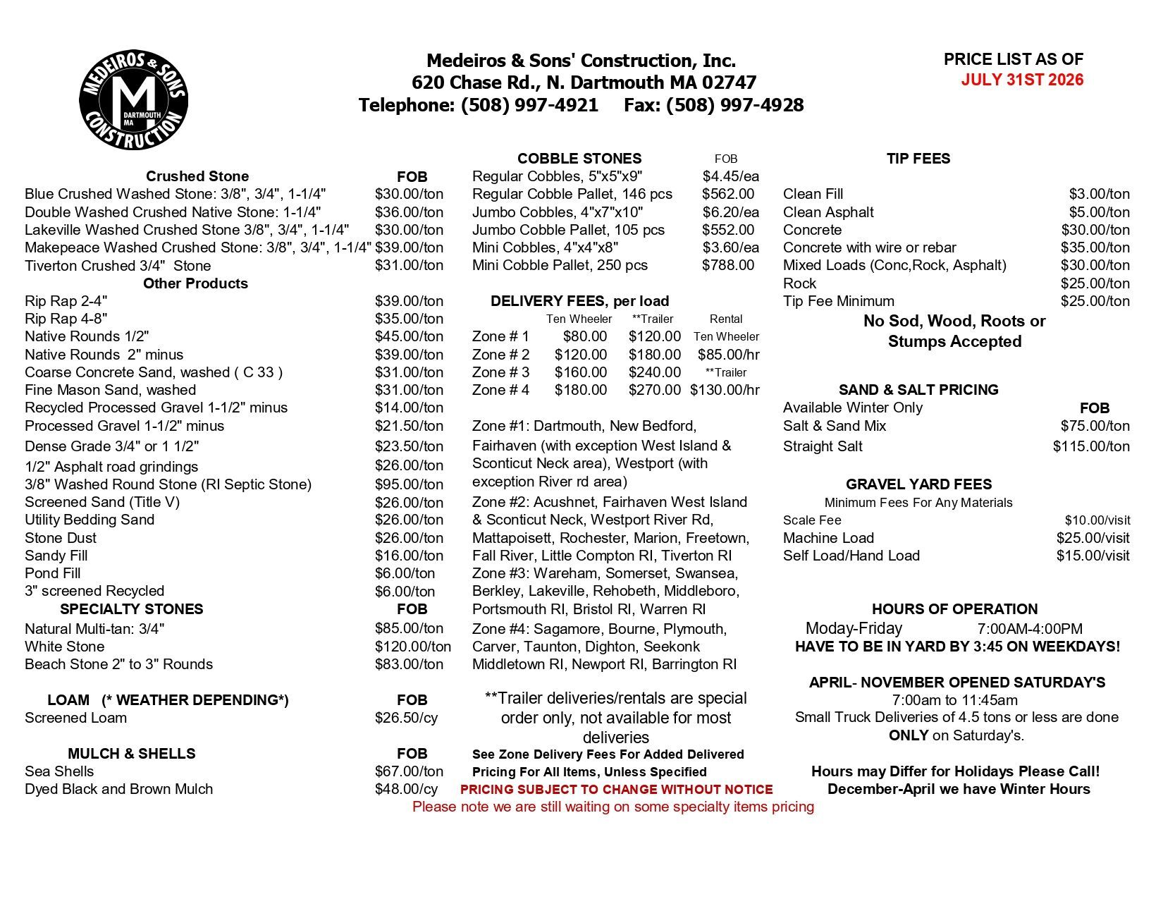 Medeiros & Sons Construction Inc - Price lists July 31st 2026