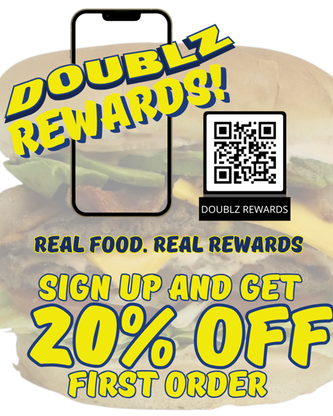 Advertisement: Doublz app encourages users to check-in and earn points for free food rewards. QR code shown.
