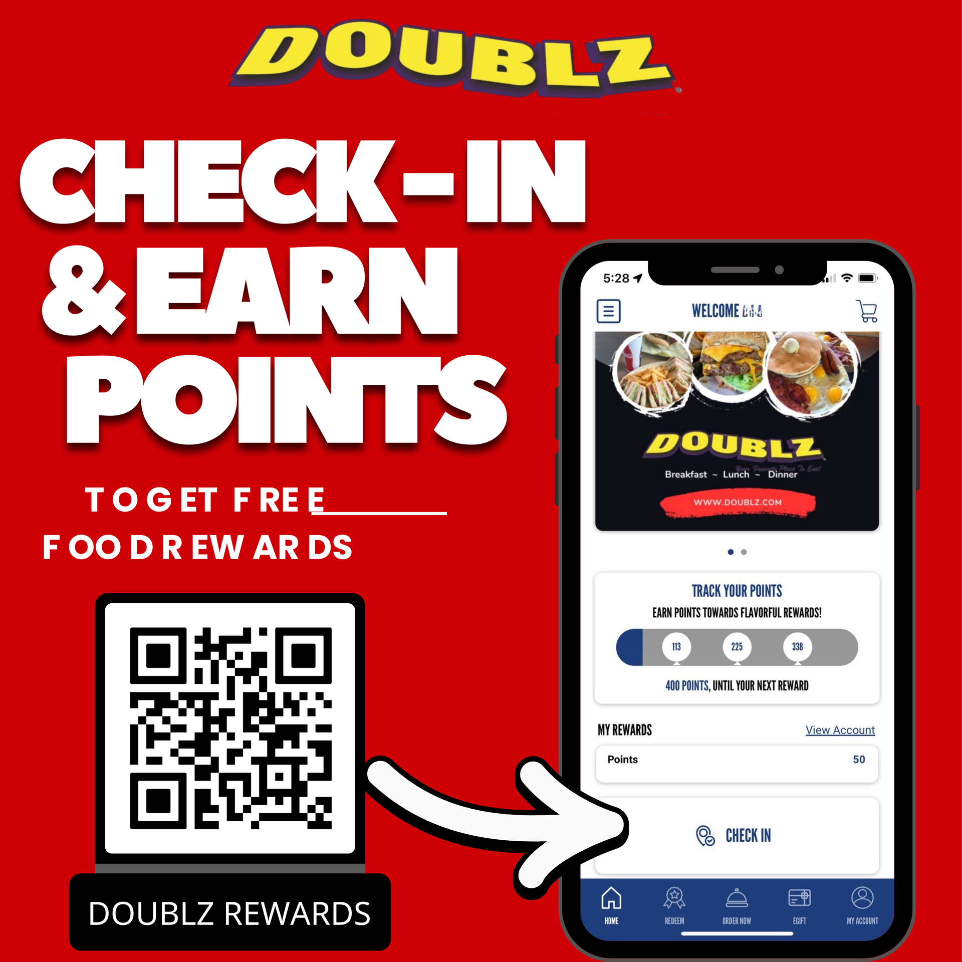 Advertisement: Doublz app encourages users to check-in and earn points for free food rewards. QR code shown.