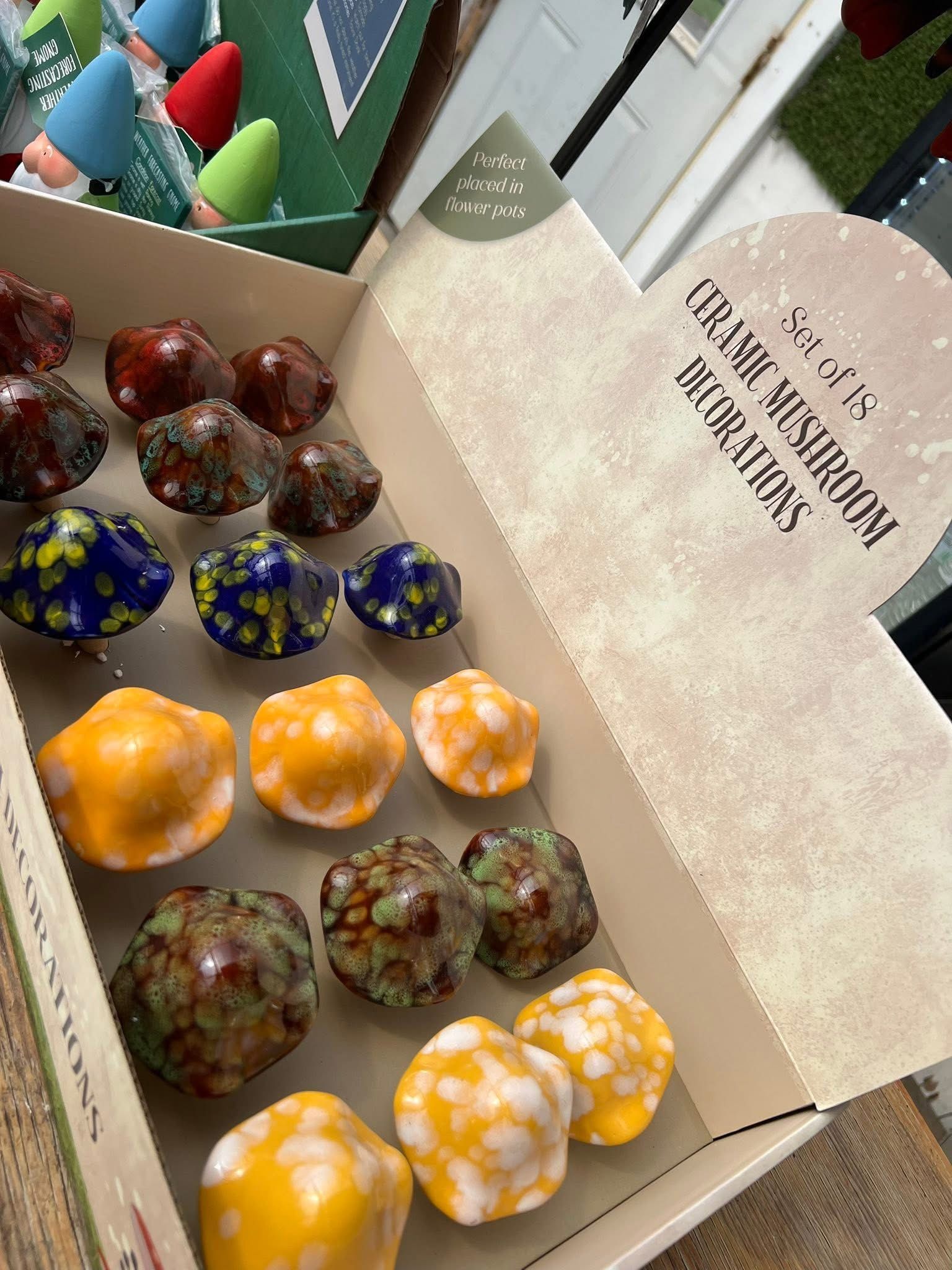 A retail display box containing assorted colorful, patterned ceramic mushroom-shaped garden decorations.