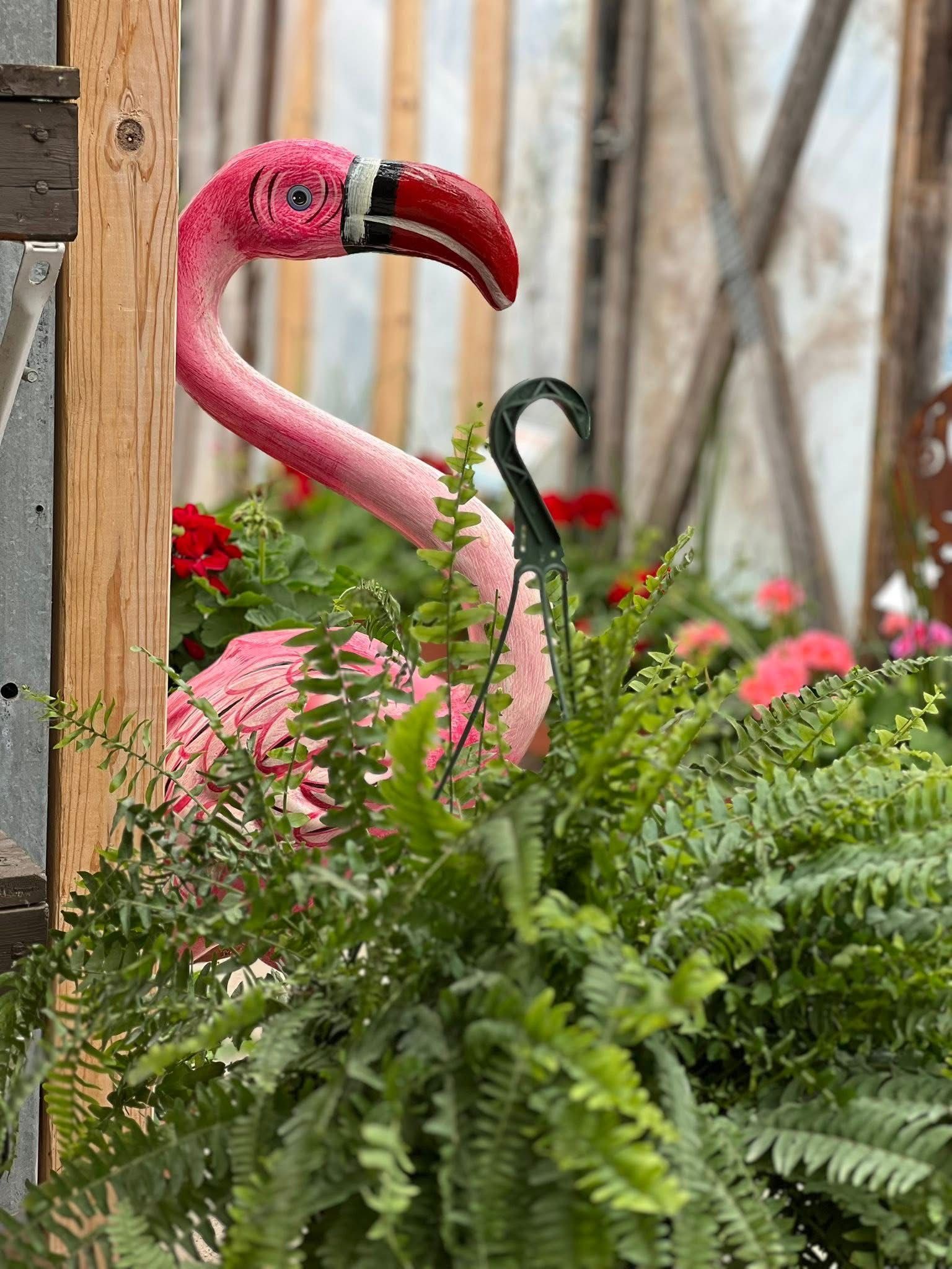 A pink flamingo garden ornament peeking out from behind a wooden post, nestled amidst green ferns and red flowers.