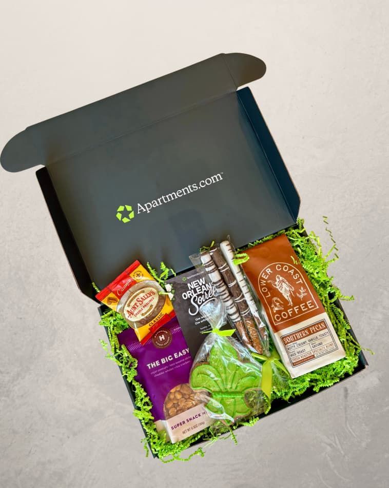 Open gift box with assorted snack bars and candy on green shredded paper