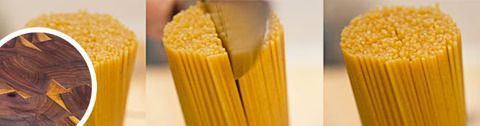 A series of three photos shows a knife slicing through a bundle of spaghetti on a dark wood cutting board.