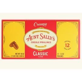 Aunt Sally’s Classic Creamy Creole Pralines box in yellow and red, with 12 pralines shown
