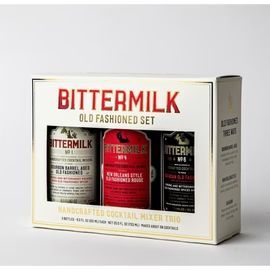 Bittermilk old fashioned set gift box with three cocktail mixer bottles on a white background