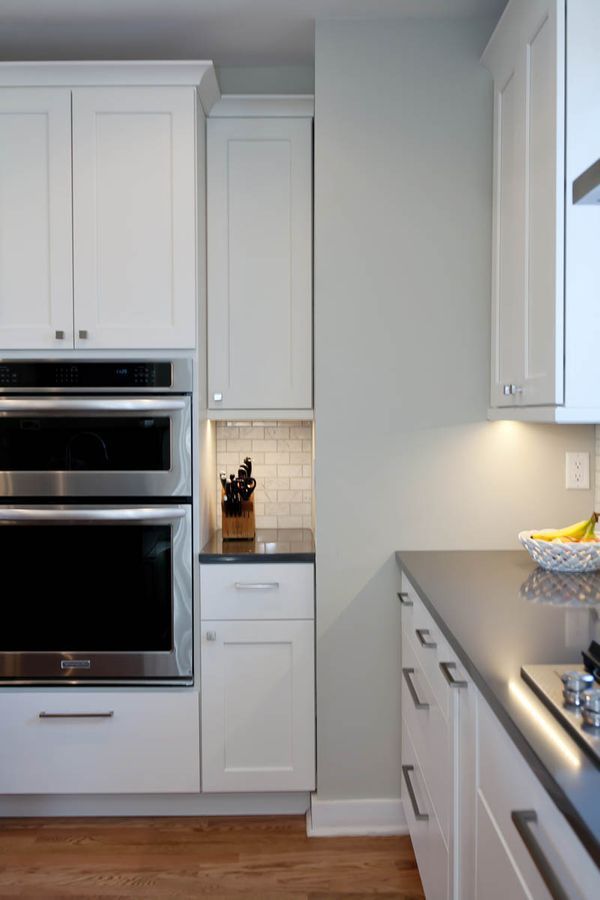A kitchen with white cabinets and stainless steel appliances.