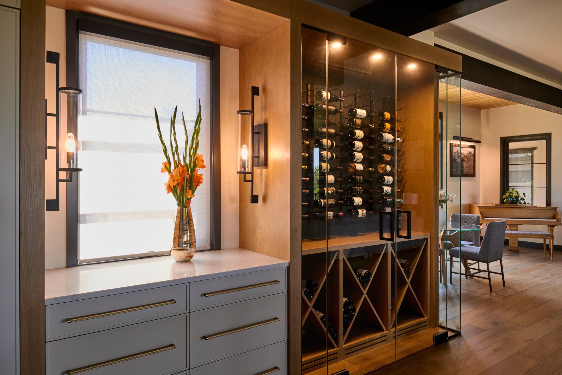 There is a wine cellar in the middle of the room.