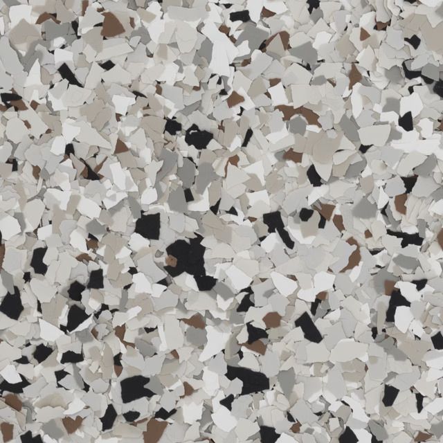 Close-up of gray, white, and black speckled terrazzo flooring.