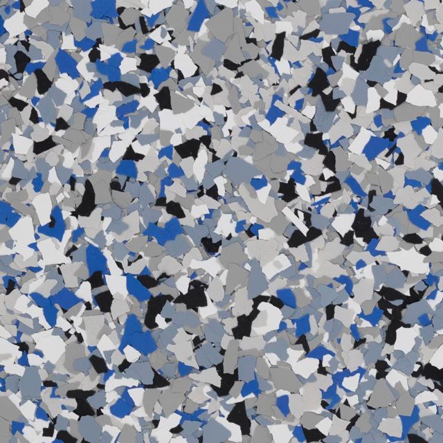Abstract camouflage-like pattern in gray, black, white, and blue confetti shapes