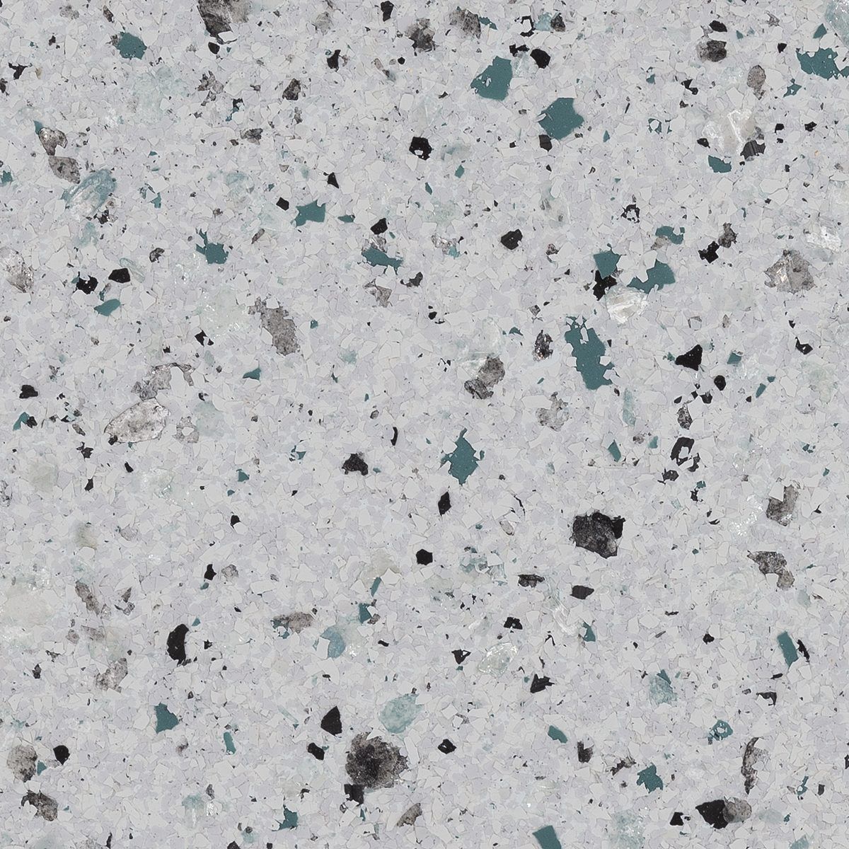 Close-up of speckled gray concrete with teal and black flecks