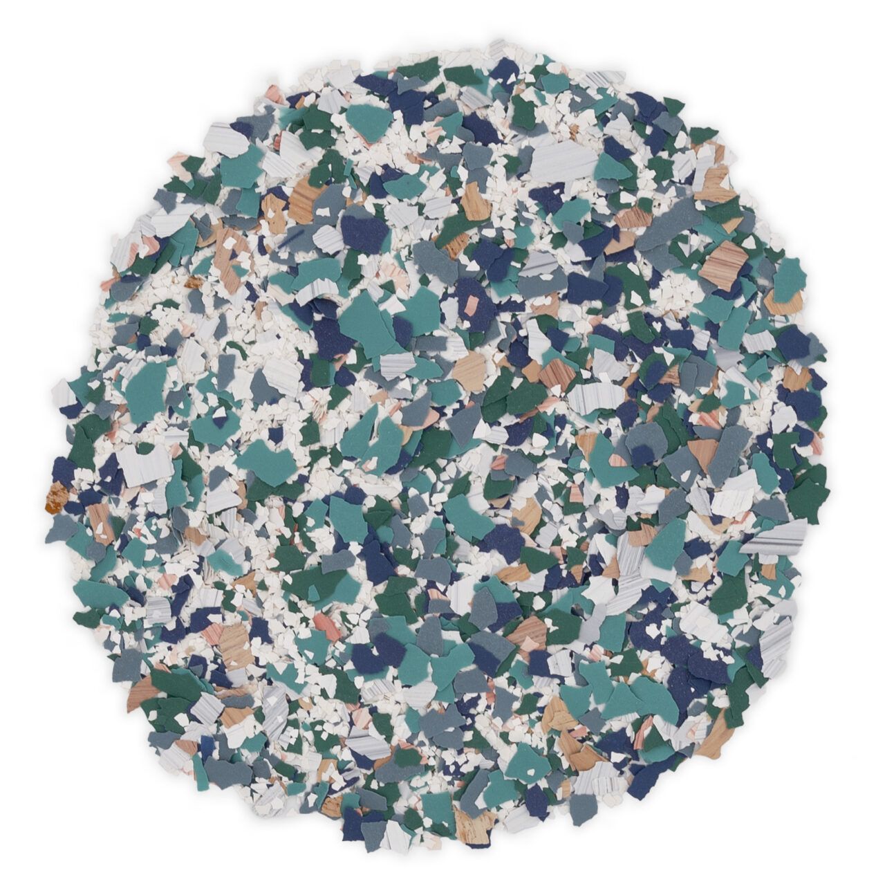 Circular multicolored confetti-like texture in blue, white, teal, and tan tones