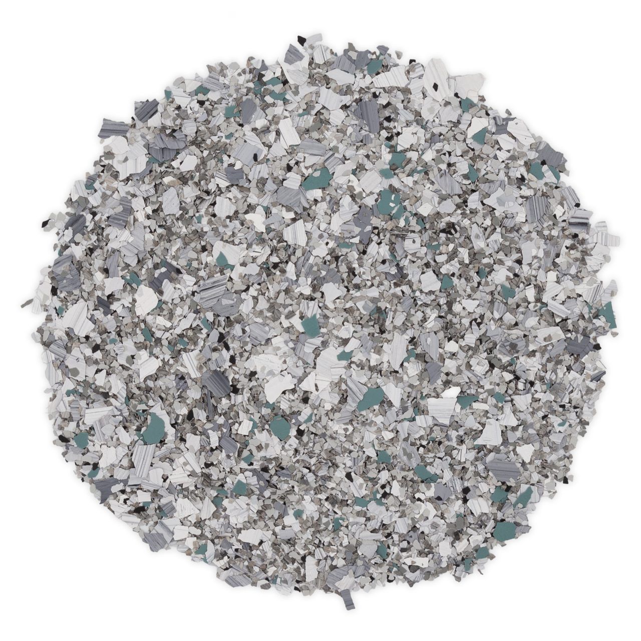 Circular pile of gray, white, and teal mixed shredded material on a white background