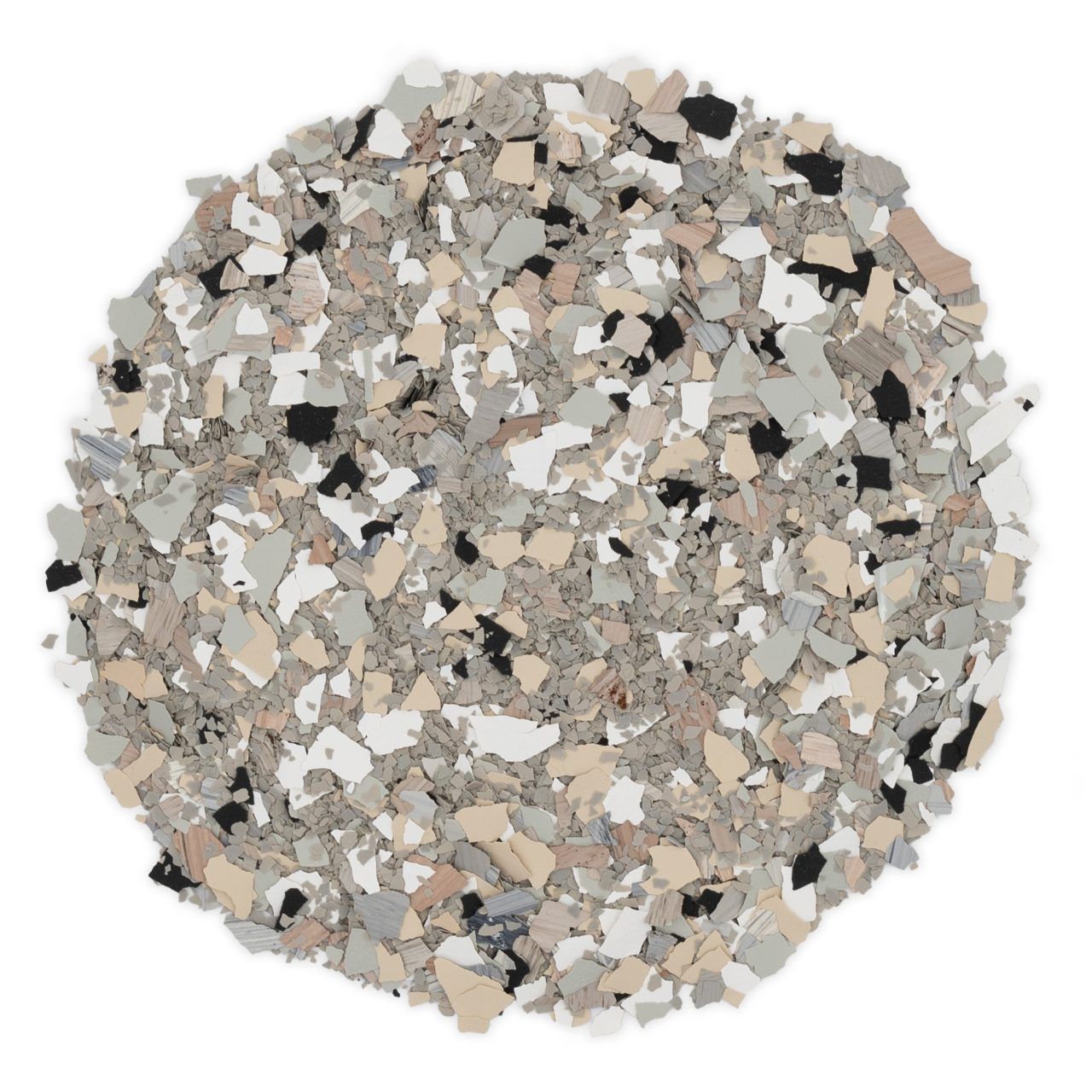 Circular mosaic of small beige, gray, black, and white stone fragments on a white background
