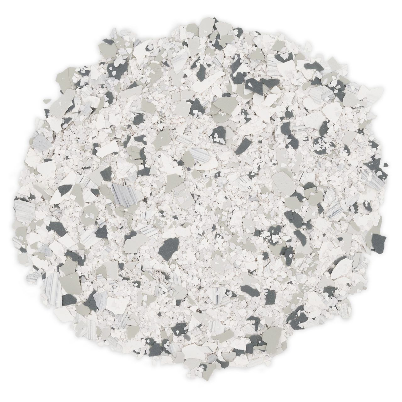 Round heap of light gray and white speckled gravel or stone chips on a white background