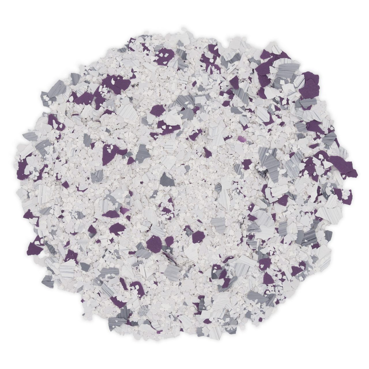Circular cluster of white, gray, and purple speckled granules on a light background
