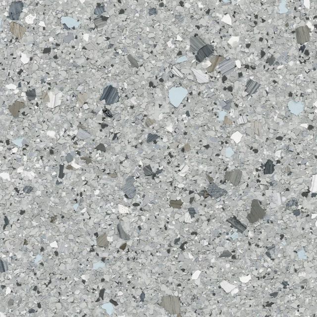 Light gray speckled terrazzo-like surface with small white and dark gray chips