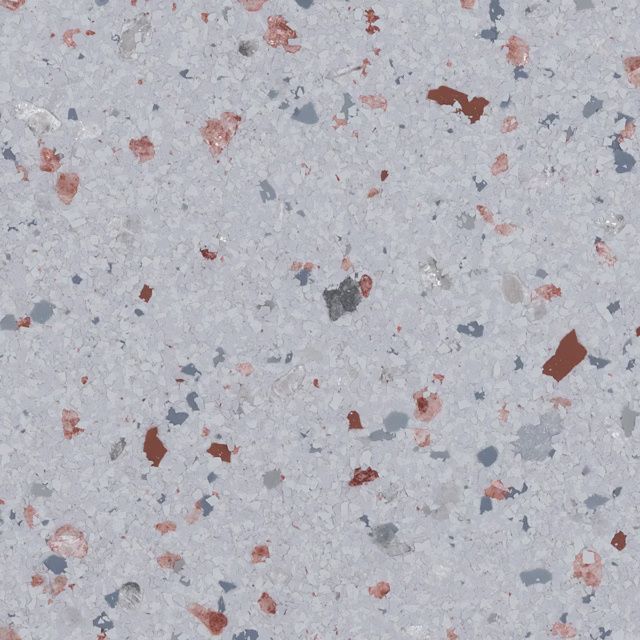 Light gray speckled terrazzo surface with scattered red and dark gray chips