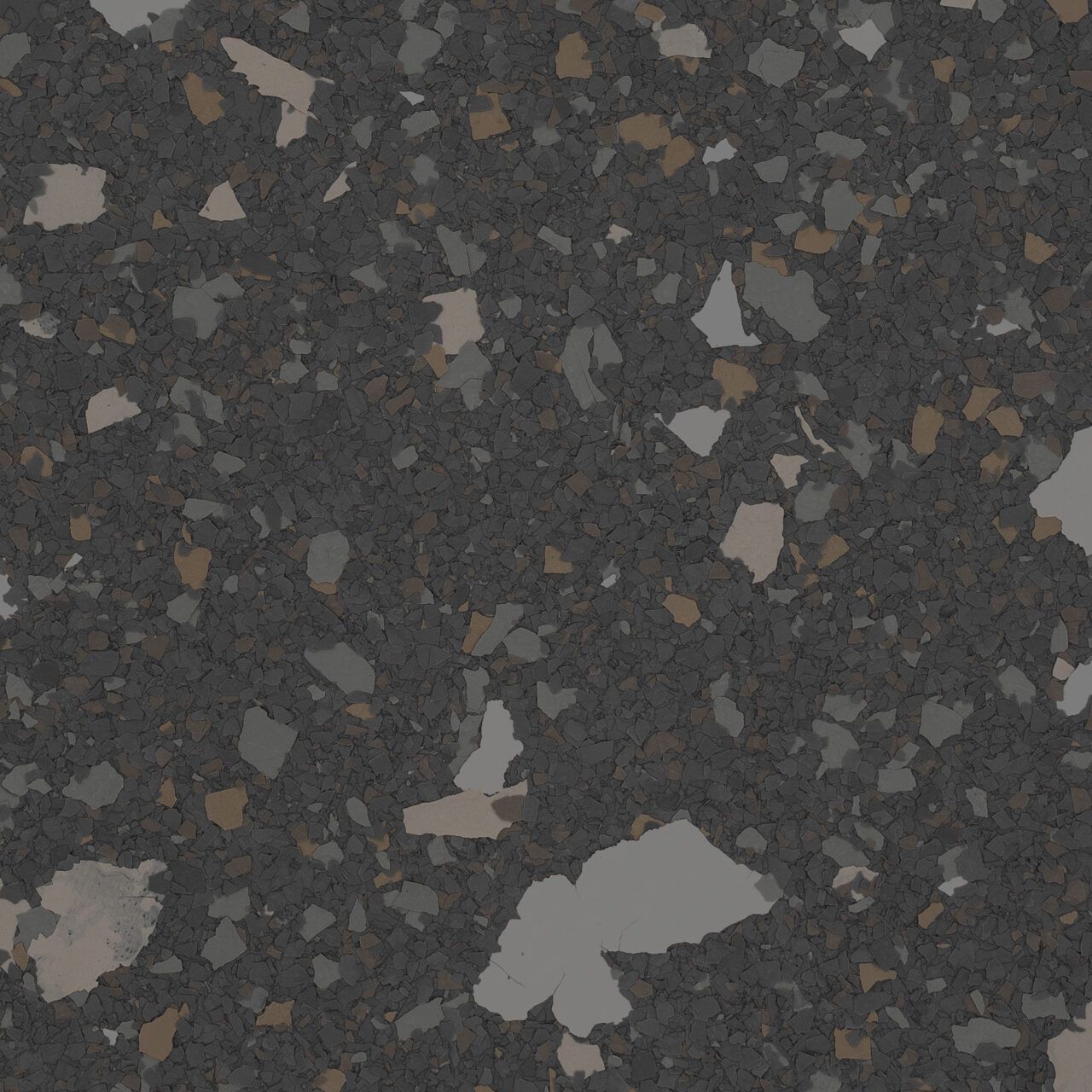 Dark speckled stone or terrazzo surface with scattered gray, tan, and white fragments