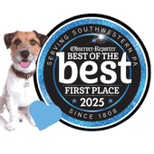 Dog beside Best of the Best First Place 2025 award badge for Southwest Virginia.