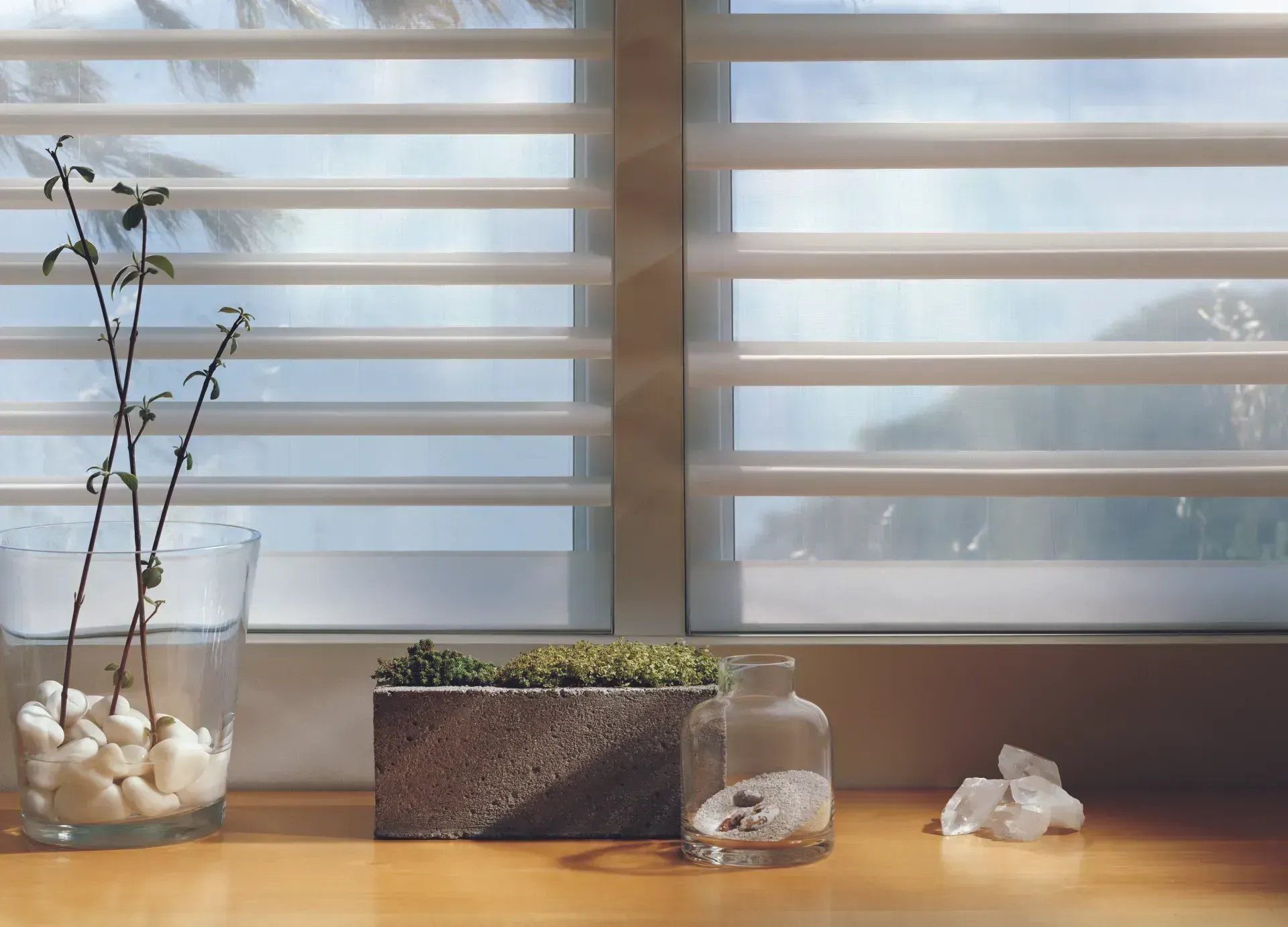 Window with horizontal blinds and decorative items on the windowsill; branches in a vase, potted plants, and crystals.