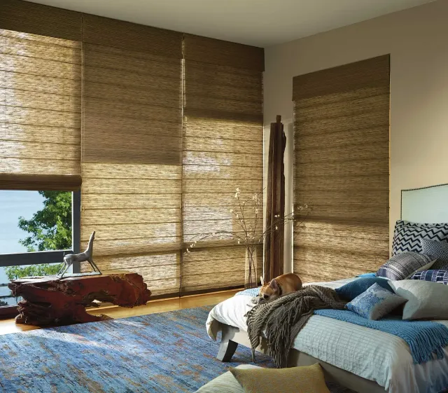 Bedroom with woven blinds, blue rug, and bed with pillows. Dog rests on the bed.