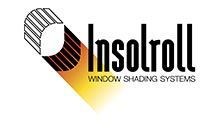 Insolroll logo with a roll of window shade. Black text and stylized shade imagery, with a yellow-orange light effect.