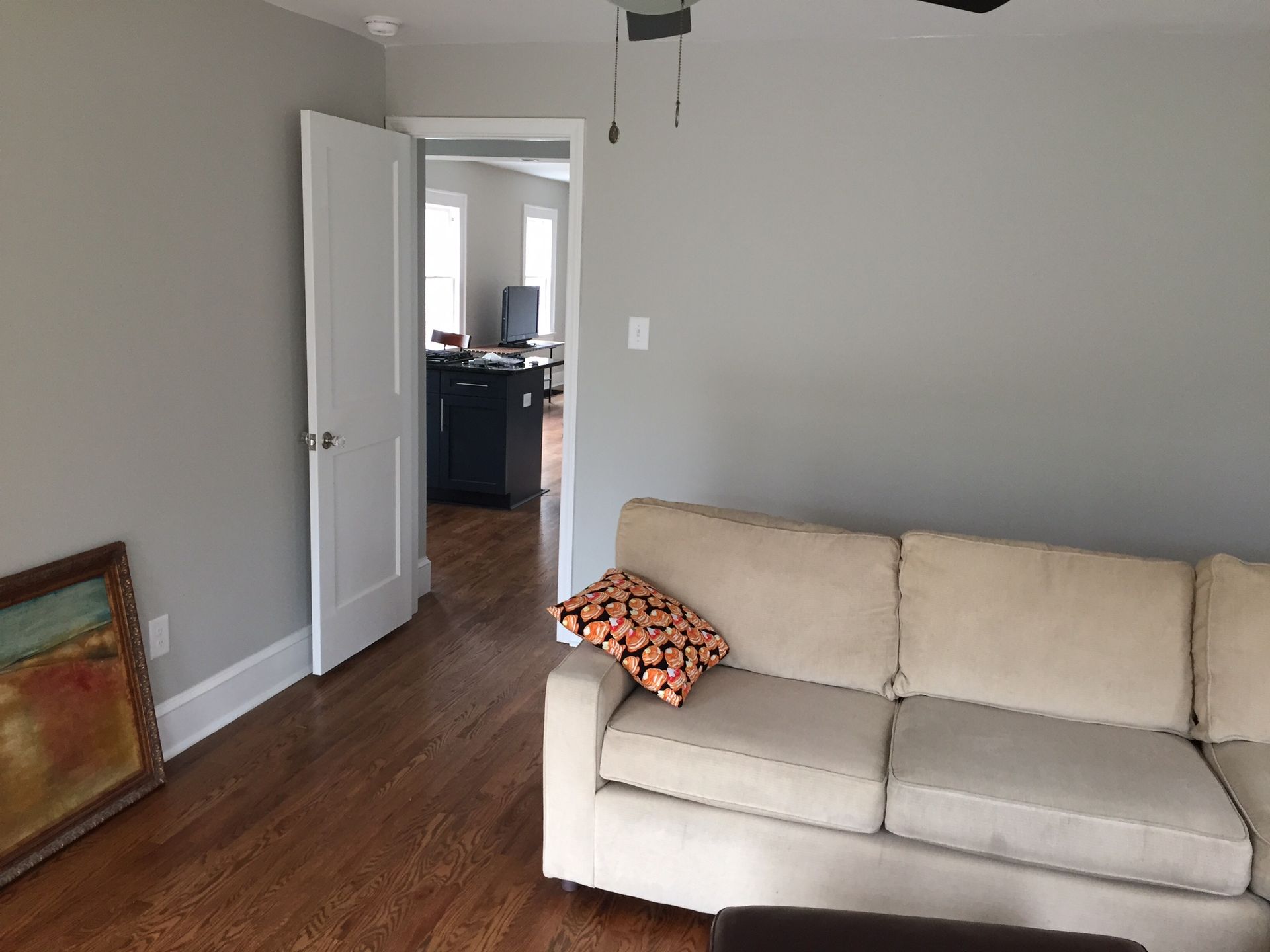 Small living room with beige couch, open white door, hardwood floor, and gray walls
