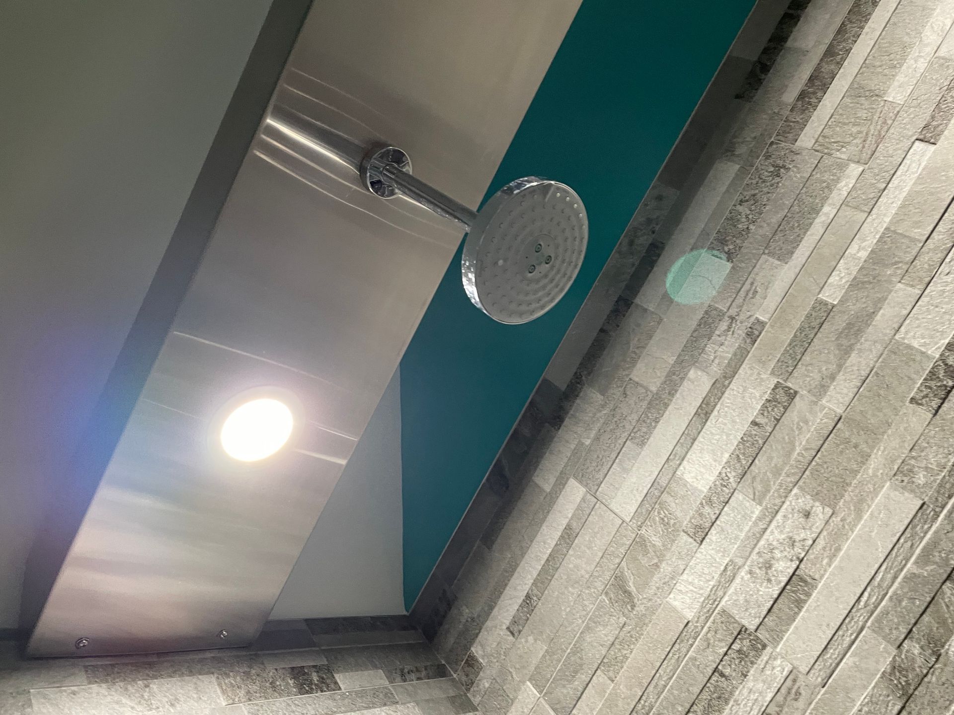 Ceiling-mounted showerhead and light in a tiled bathroom, viewed from below.