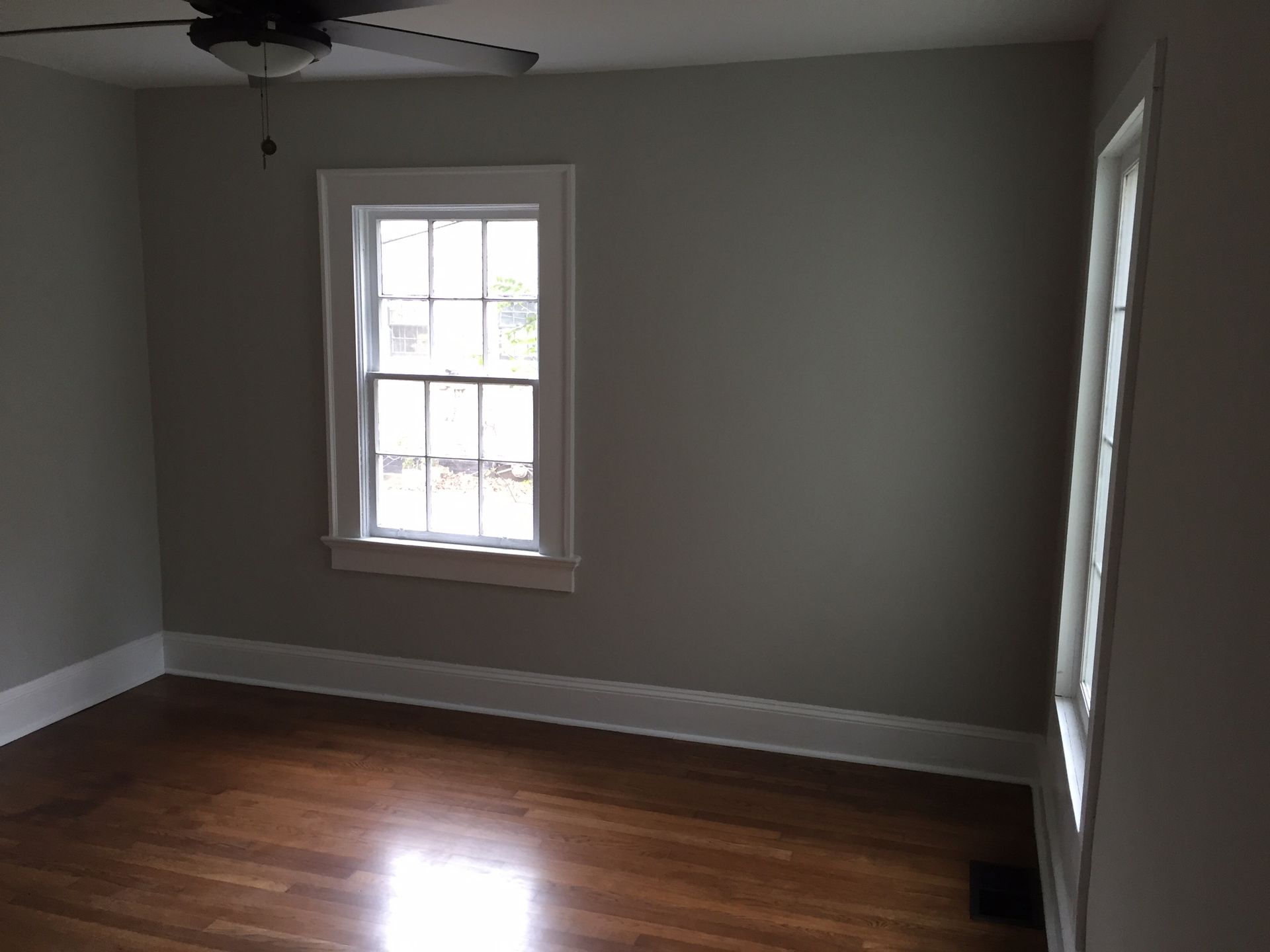 Empty room with hardwood floors, gray walls, white trim, and two windows