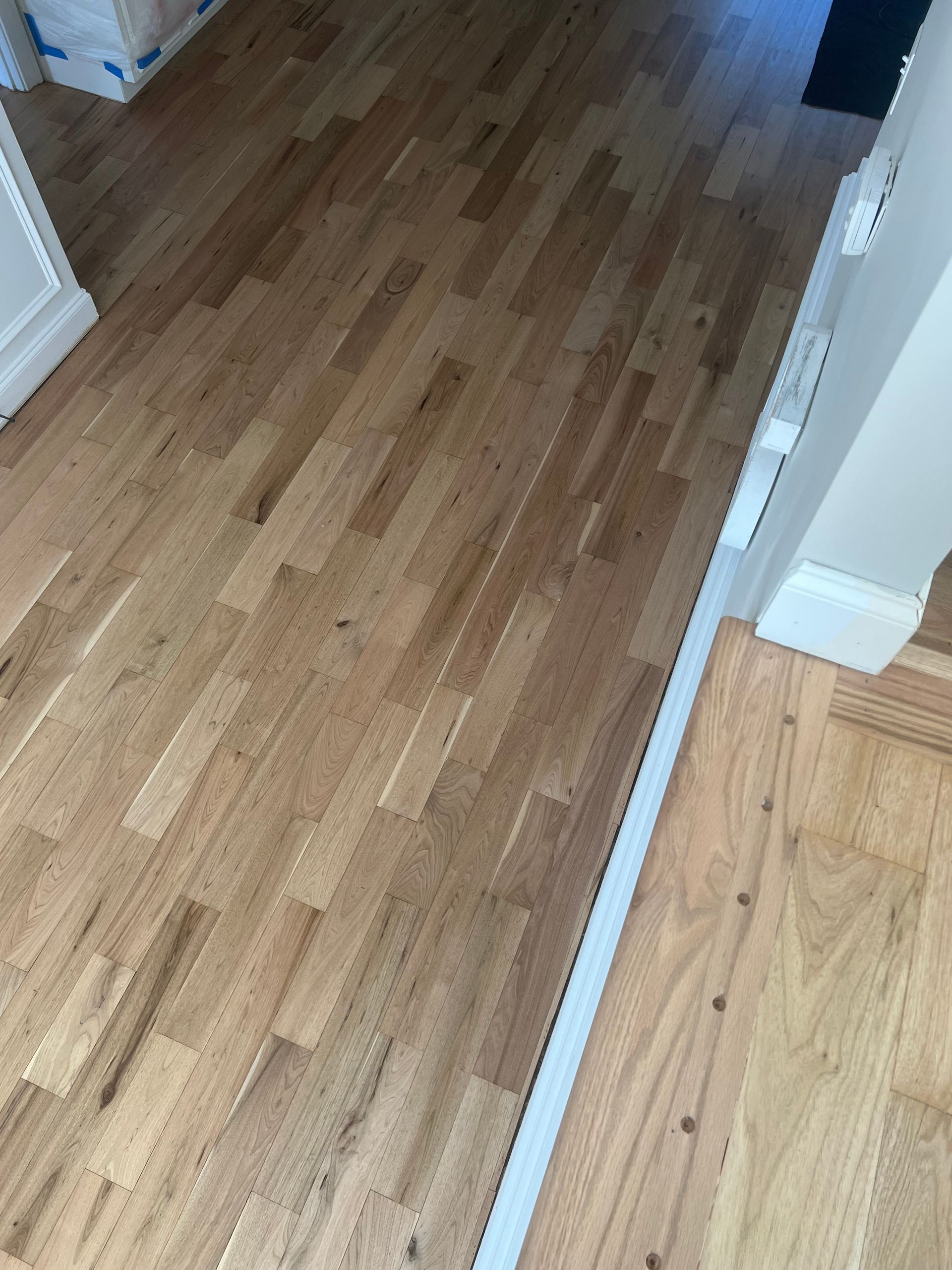 Hallway with light hardwood floors and white walls, viewed from a doorway
