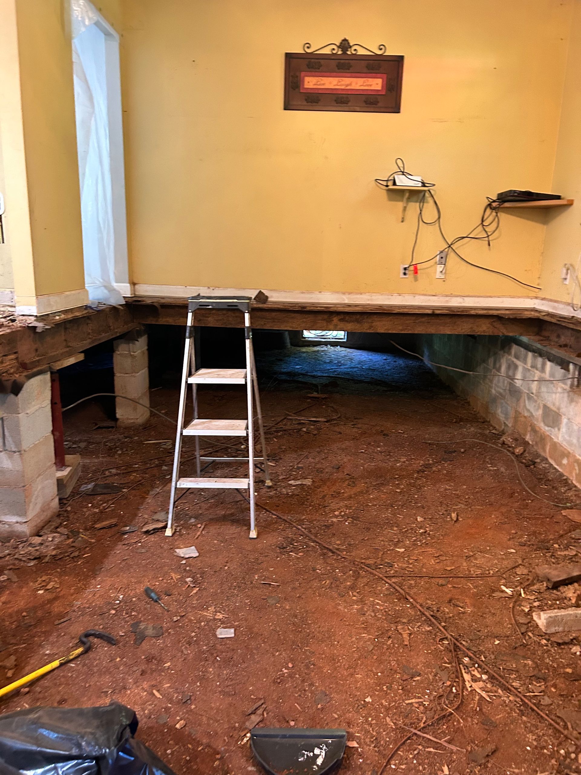 Partially demolished room with exposed dirt floor, ladder, and a raised platform against the back wall.